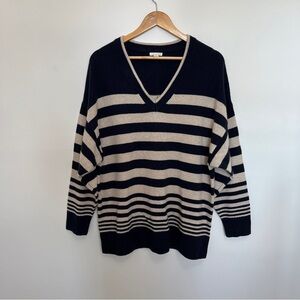 Unsubscribed 100% Cashmere Knit V-neck Sweater in Navy & Cream Stripe Size M